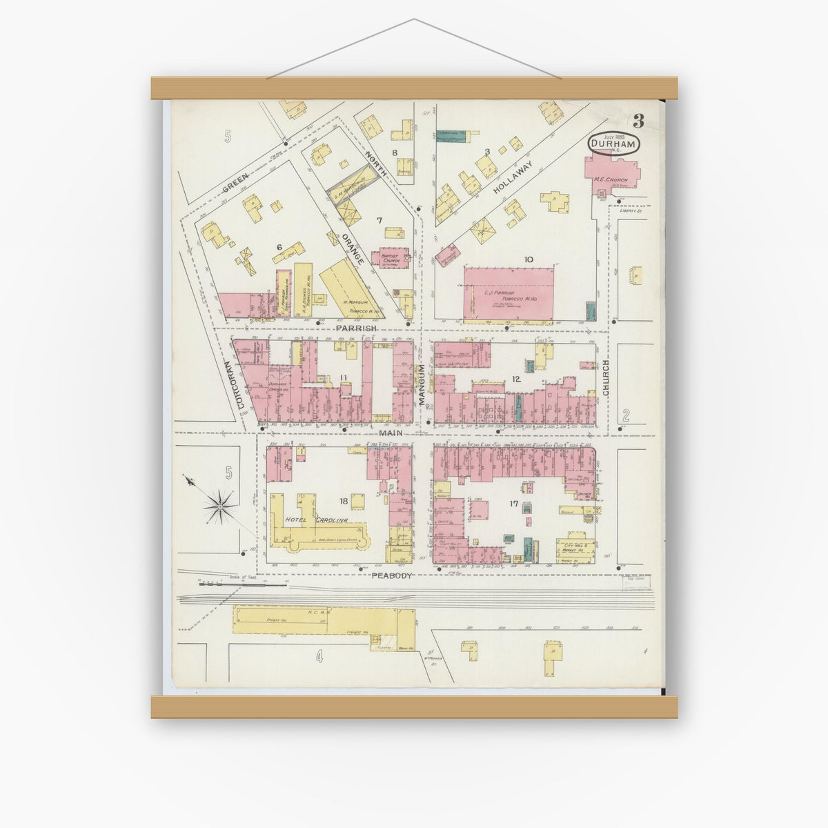 Old map wall art mockup — magnetic wood frame on white wall — Sanborn Fire Insurance Map from Durham, Durham County, North Carolina (1893), Sheet #0003