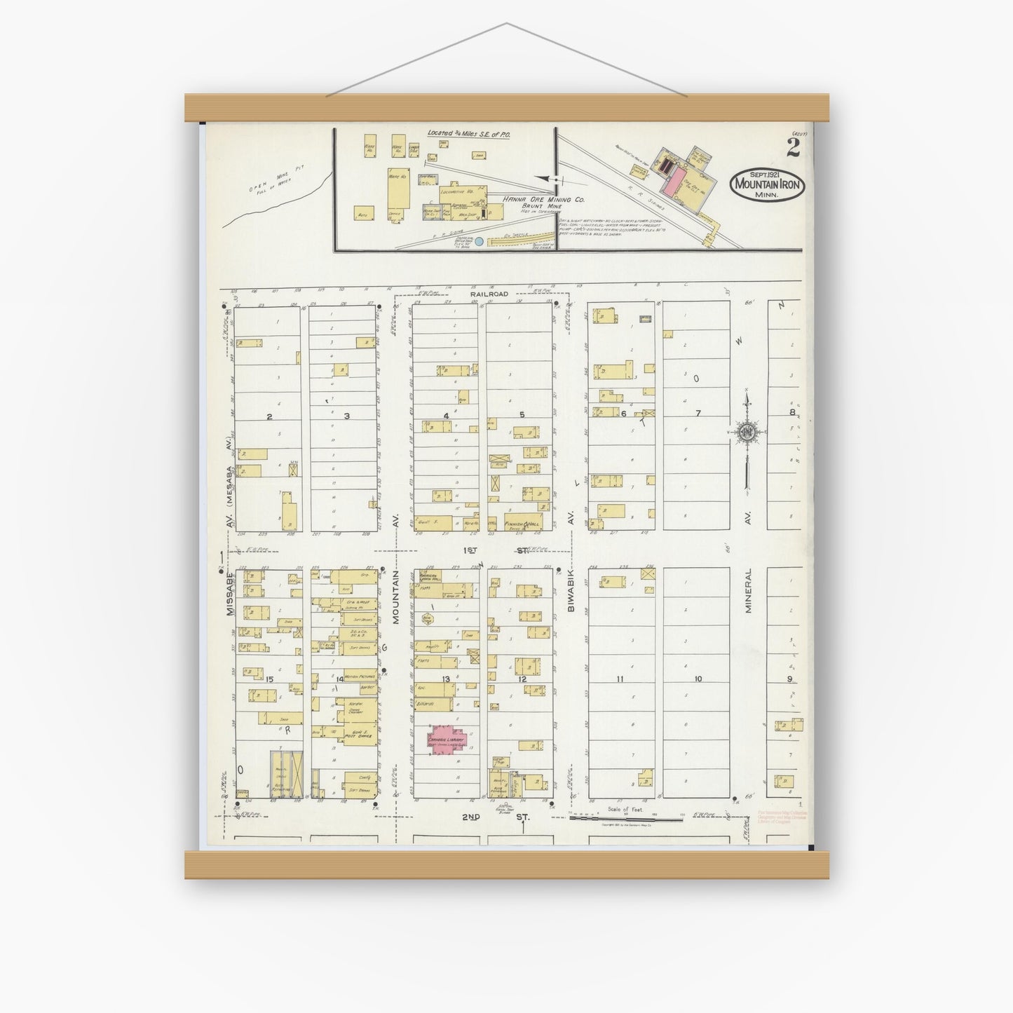 Old map wall art mockup — magnetic wood frame on white wall — Sanborn Fire Insurance Map from Mountain Iron, Saint Louis County, Minnesota (1921), Sheet #0002