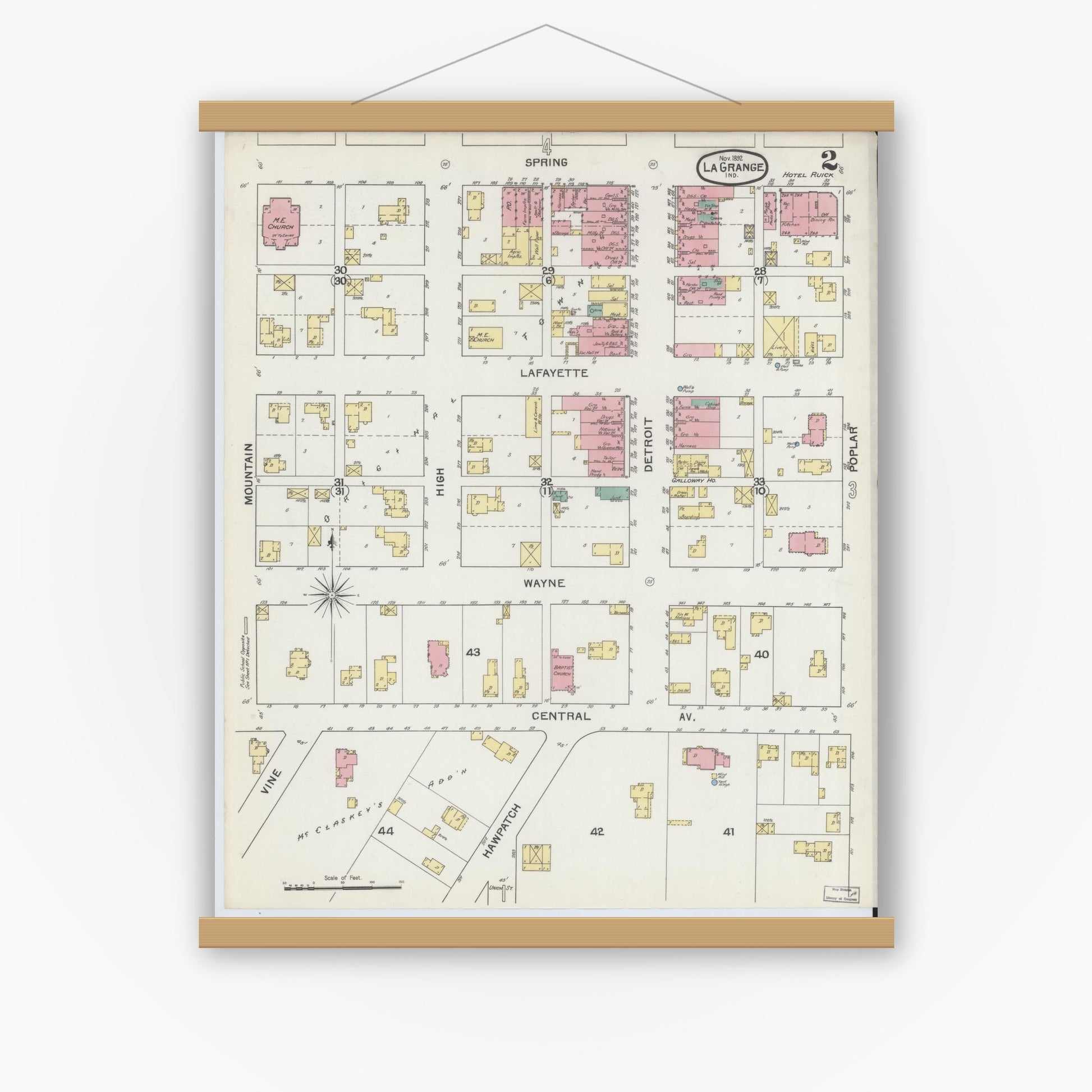 Old map wall art mockup — magnetic wood frame on white wall — Sanborn Fire Insurance Map from Lagrange, LaGrange County, Indiana (1892), Sheet #0002