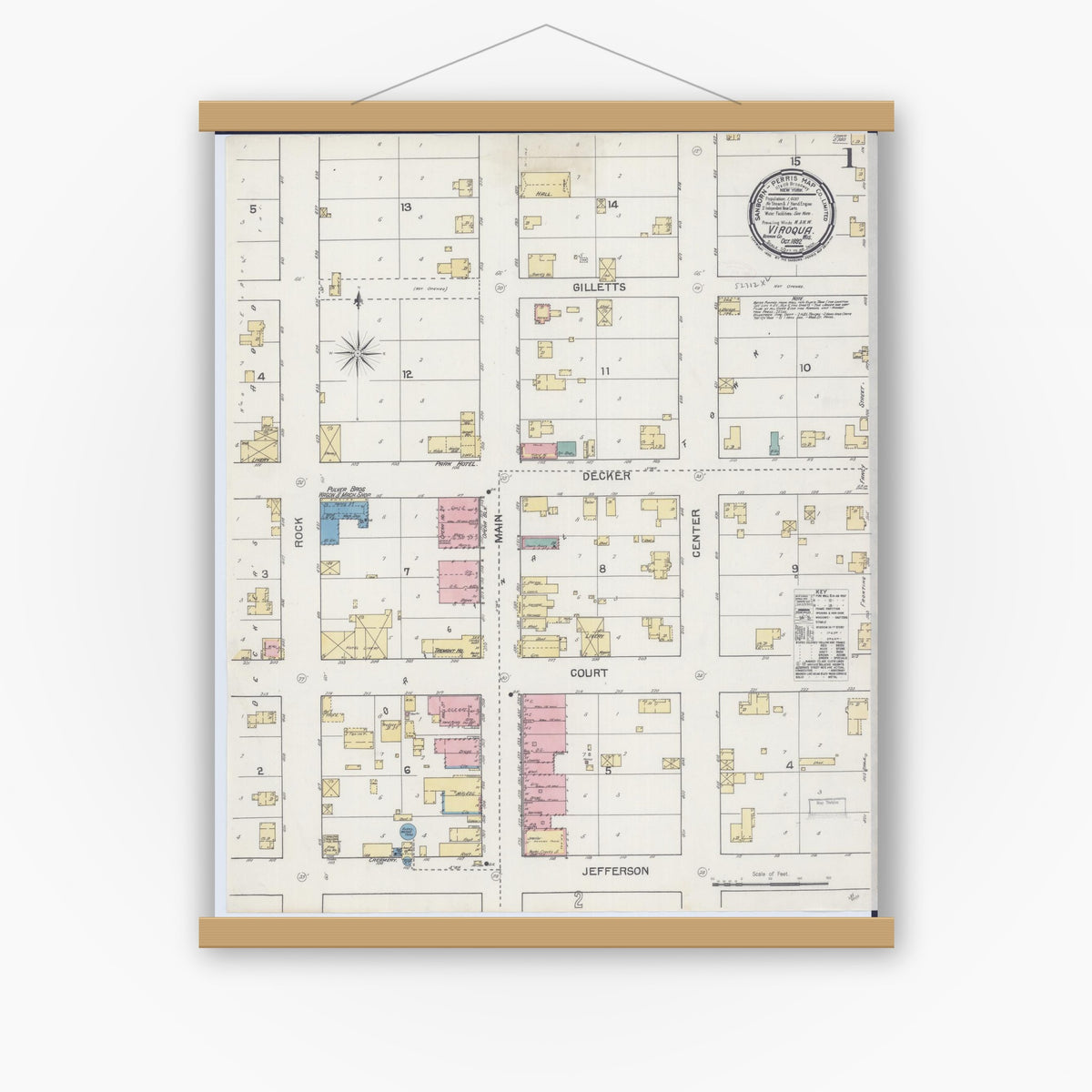 Old map wall art mockup — magnetic wood frame on white wall — Sanborn Fire Insurance Map from Viroqua, Vernon County, Wisconsin (1892), Sheet #0001