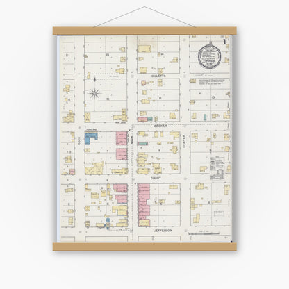 Old map wall art mockup — magnetic wood frame on white wall — Sanborn Fire Insurance Map from Viroqua, Vernon County, Wisconsin (1892), Sheet #0001