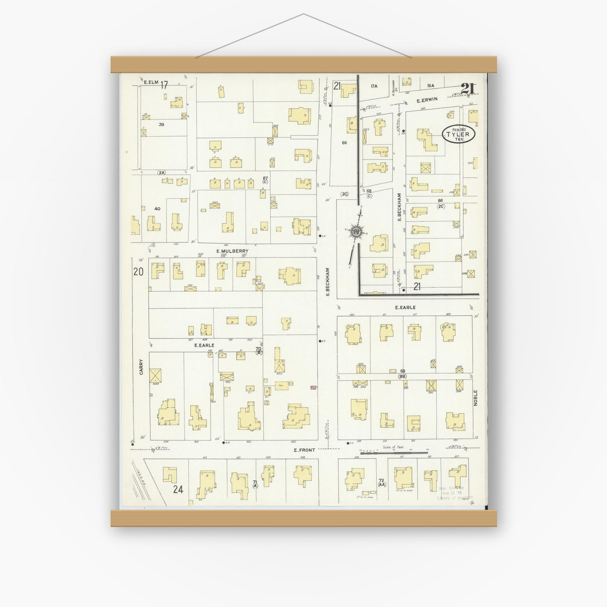 Old map wall art mockup — magnetic wood frame on white wall — Sanborn Fire Insurance Map from Tyler, Smith County, Texas (1912), Sheet #0021