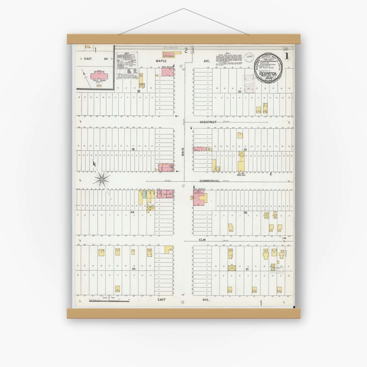 Old map wall art mockup — magnetic wood frame on white wall — Sanborn Fire Insurance Map from Despatch, Monroe County, New York (1900) - Complete Map Set