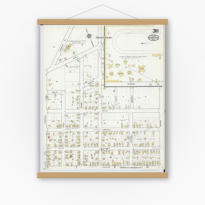 Old map wall art mockup — magnetic wood frame on white wall — Sanborn Fire Insurance Map from Adrian, Lenawee County, Michigan (1916), Sheet #0030