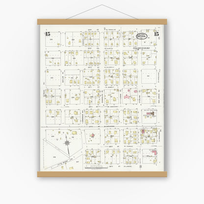 Old map wall art mockup — magnetic wood frame on white wall — Sanborn Fire Insurance Map from Bryan, Brazos County, Texas (1925), Sheet #0015