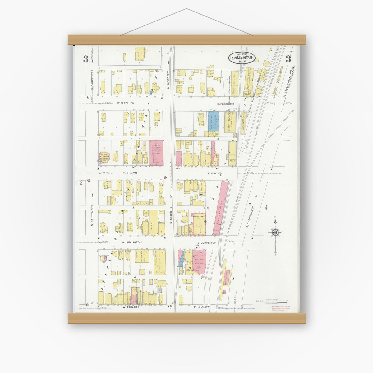Old map wall art mockup — magnetic wood frame on white wall — Sanborn Fire Insurance Map from Iron Mountain, Dickinson County, Michigan (1930), Sheet #0003