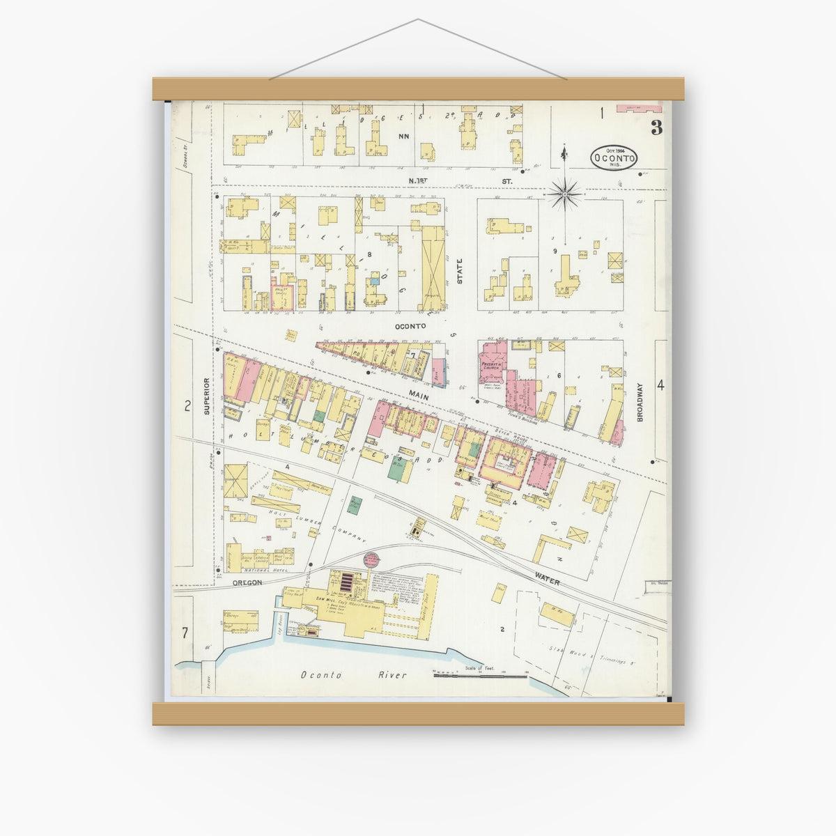 Old map wall art mockup — magnetic wood frame on white wall — Sanborn Fire Insurance Map from Oconto, Oconto County, Wisconsin (1904), Sheet #0003