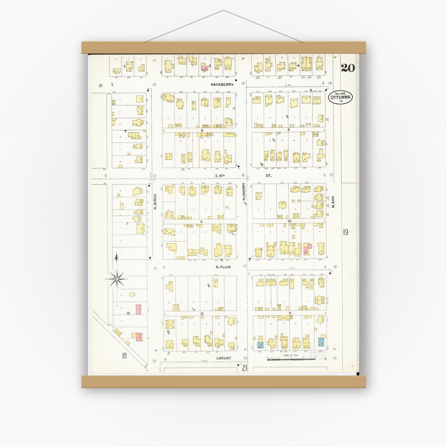 Old map wall art mockup — magnetic wood frame on white wall — Sanborn Fire Insurance Map from Ottumwa, Wapello County, Iowa (1902), Sheet #0020