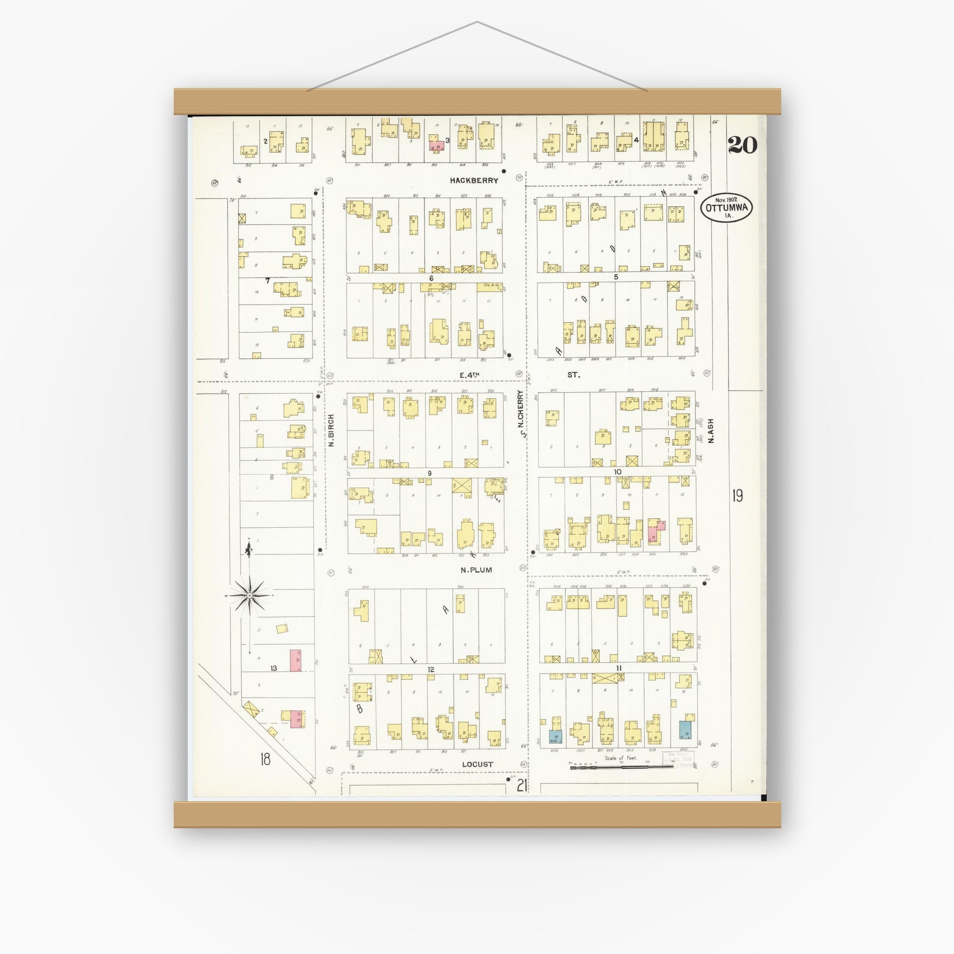 Old map wall art mockup — magnetic wood frame on white wall — Sanborn Fire Insurance Map from Ottumwa, Wapello County, Iowa (1902), Sheet #0020