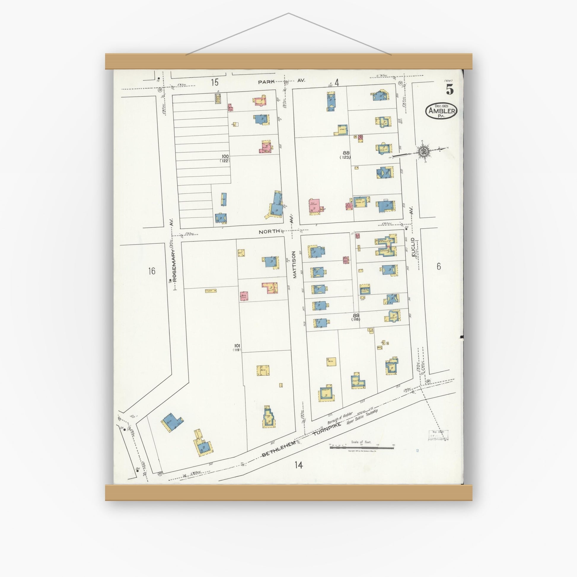 Old map wall art mockup — magnetic wood frame on white wall — Sanborn Fire Insurance Map from Ambler, Montgomery County, Pennsylvania (1921), Sheet #0005