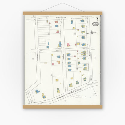 Old map wall art mockup — magnetic wood frame on white wall — Sanborn Fire Insurance Map from Ambler, Montgomery County, Pennsylvania (1921), Sheet #0005