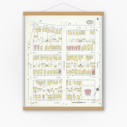 Old map wall art mockup — magnetic wood frame on white wall — Sanborn Fire Insurance Map from Peru, Miami County, Indiana (1920), Sheet #0006