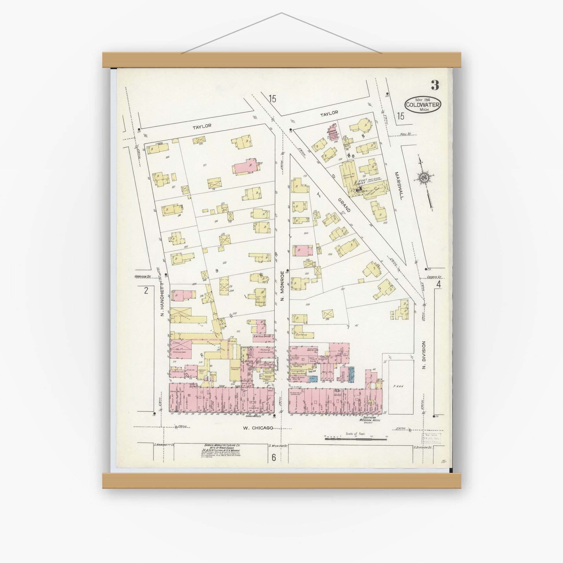Old map wall art mockup — magnetic wood frame on white wall — Sanborn Fire Insurance Map from Coldwater, Branch County, Michigan (1914), Sheet #0003
