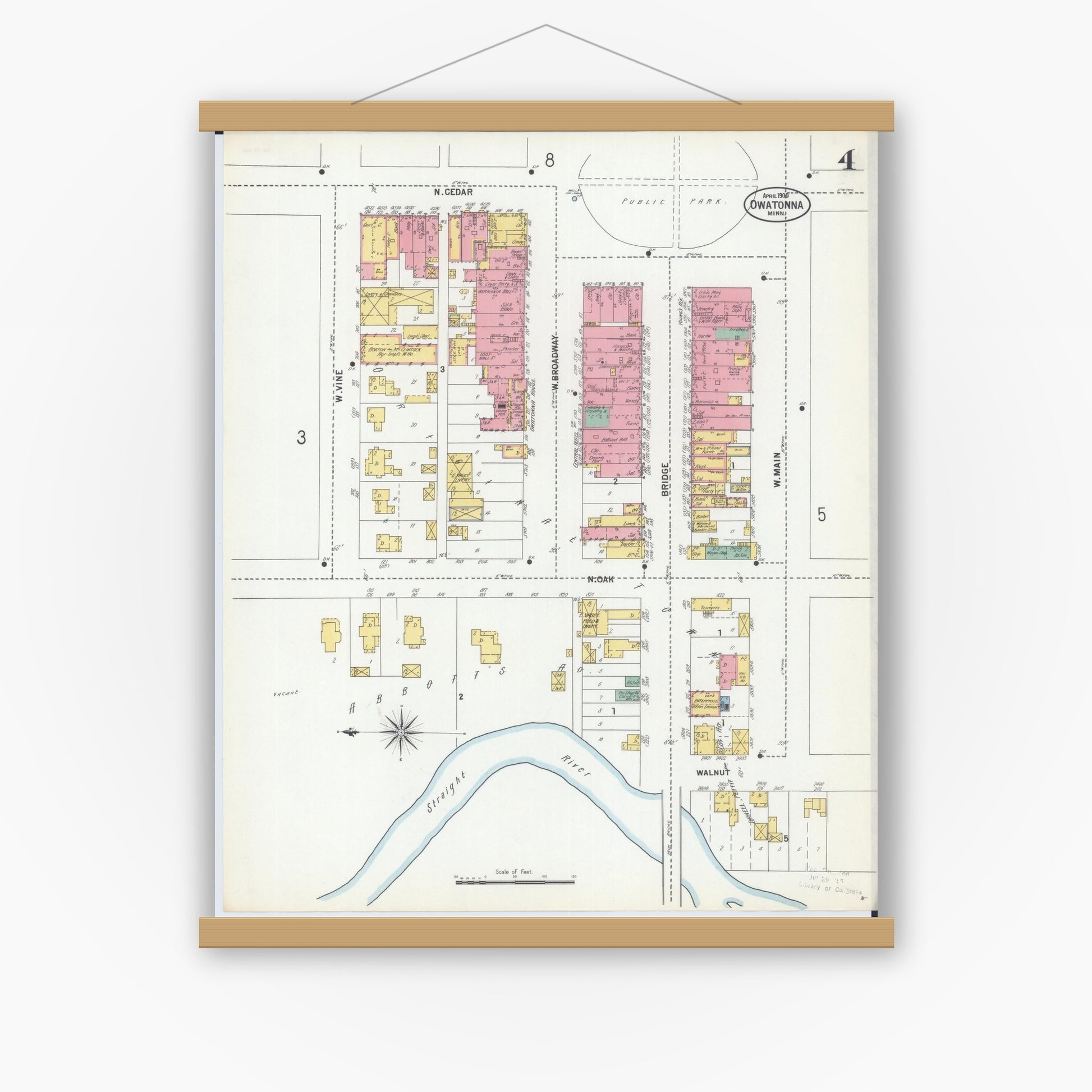 Old map wall art mockup — magnetic wood frame on white wall — Sanborn Fire Insurance Map from Owatonna, Steele County, Minnesota (1900), Sheet #0004