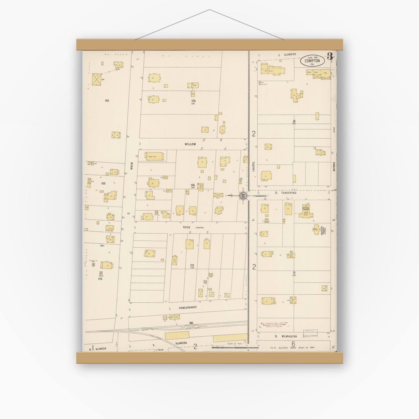 Old map wall art mockup — magnetic wood frame on white wall — Sanborn Fire Insurance Map from Compton, Los Angeles County, California (1916), Sheet #0003