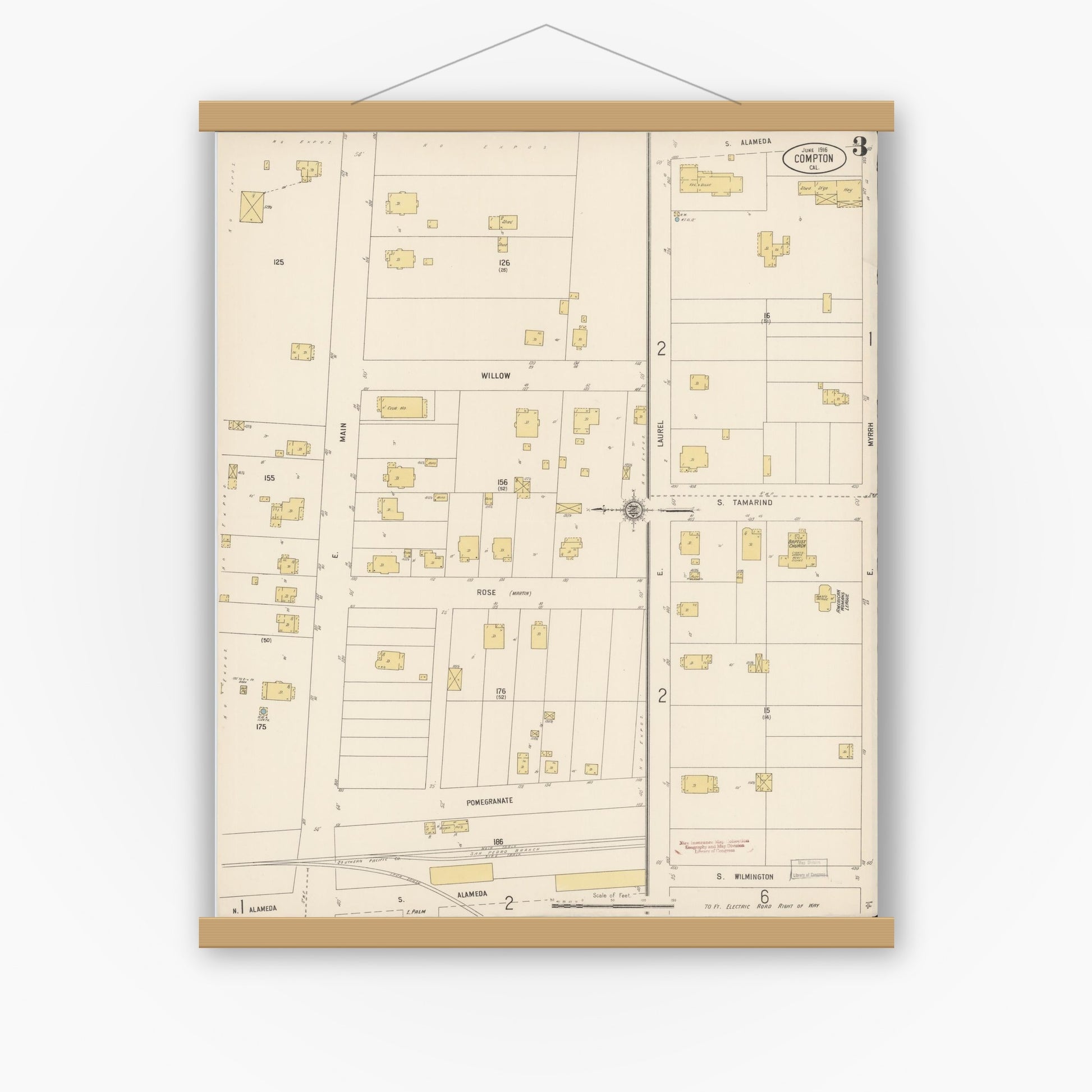 Old map wall art mockup — magnetic wood frame on white wall — Sanborn Fire Insurance Map from Compton, Los Angeles County, California (1916), Sheet #0003