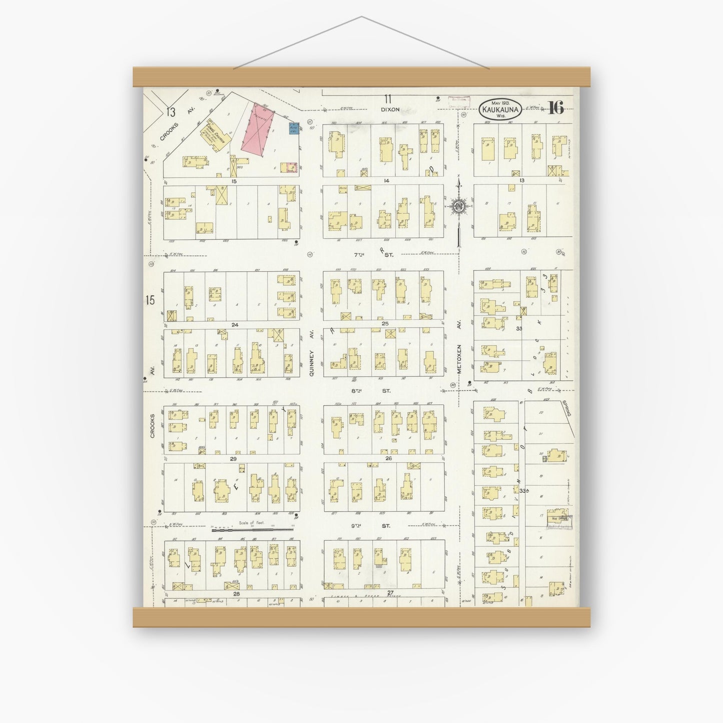 Old map wall art mockup — magnetic wood frame on white wall — Sanborn Fire Insurance Map from Kaukauna, Outagamie County, Wisconsin (1913), Sheet #0016