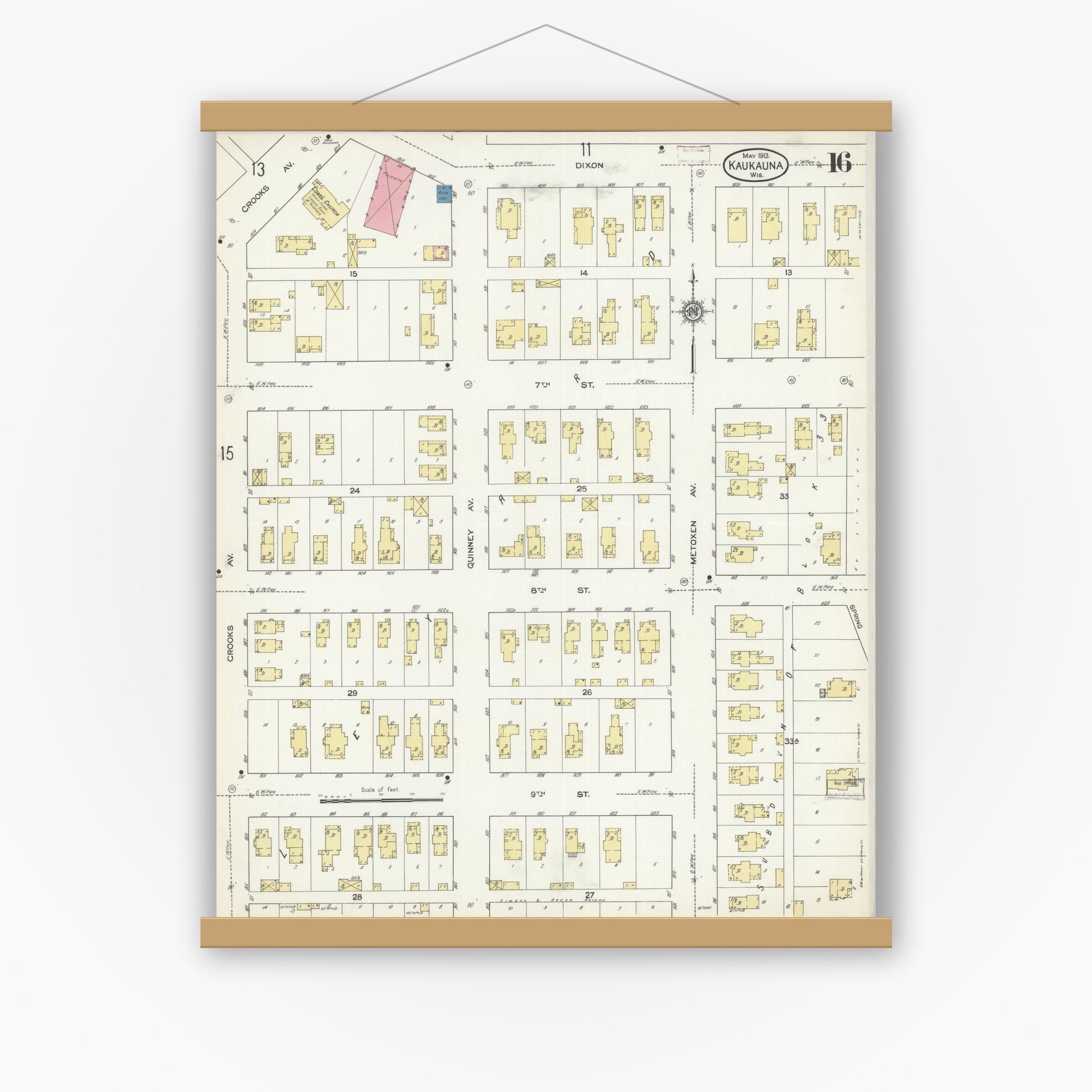 Old map wall art mockup — magnetic wood frame on white wall — Sanborn Fire Insurance Map from Kaukauna, Outagamie County, Wisconsin (1913), Sheet #0016