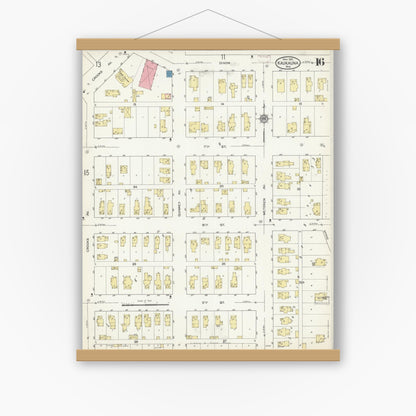 Old map wall art mockup — magnetic wood frame on white wall — Sanborn Fire Insurance Map from Kaukauna, Outagamie County, Wisconsin (1913), Sheet #0016