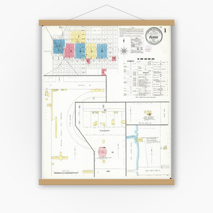 Old map wall art mockup — magnetic wood frame on white wall — Sanborn Fire Insurance Map from Osage, Mitchell County, Iowa (1905) â€” Complete Set