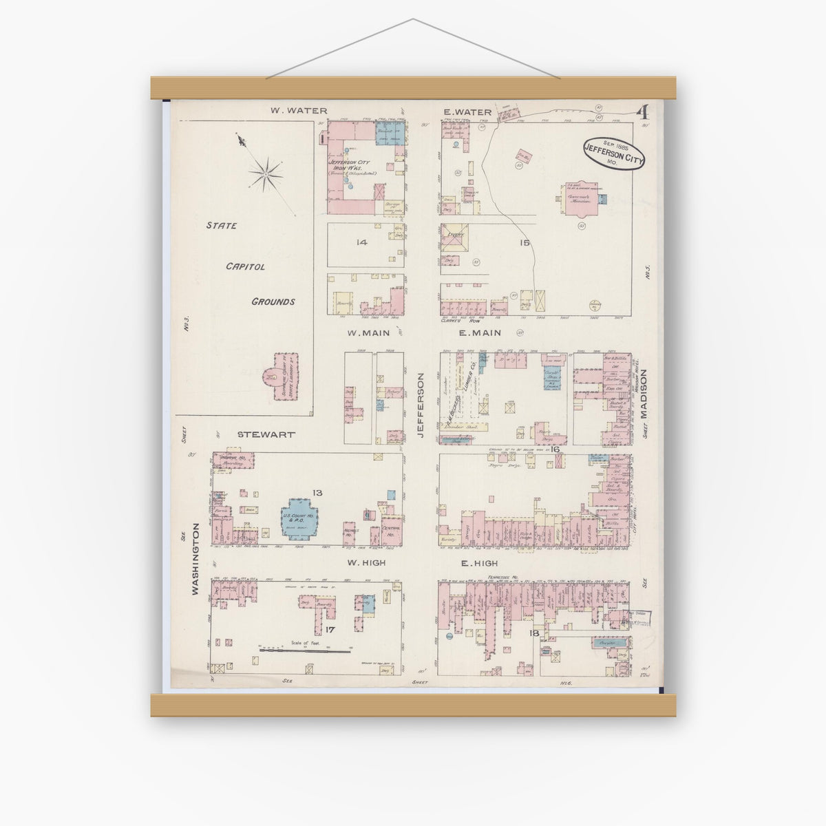 Old map wall art mockup — magnetic wood frame on white wall — Sanborn Fire Insurance Map from Jefferson City, Cole County, Missouri (1885), Sheet #0004