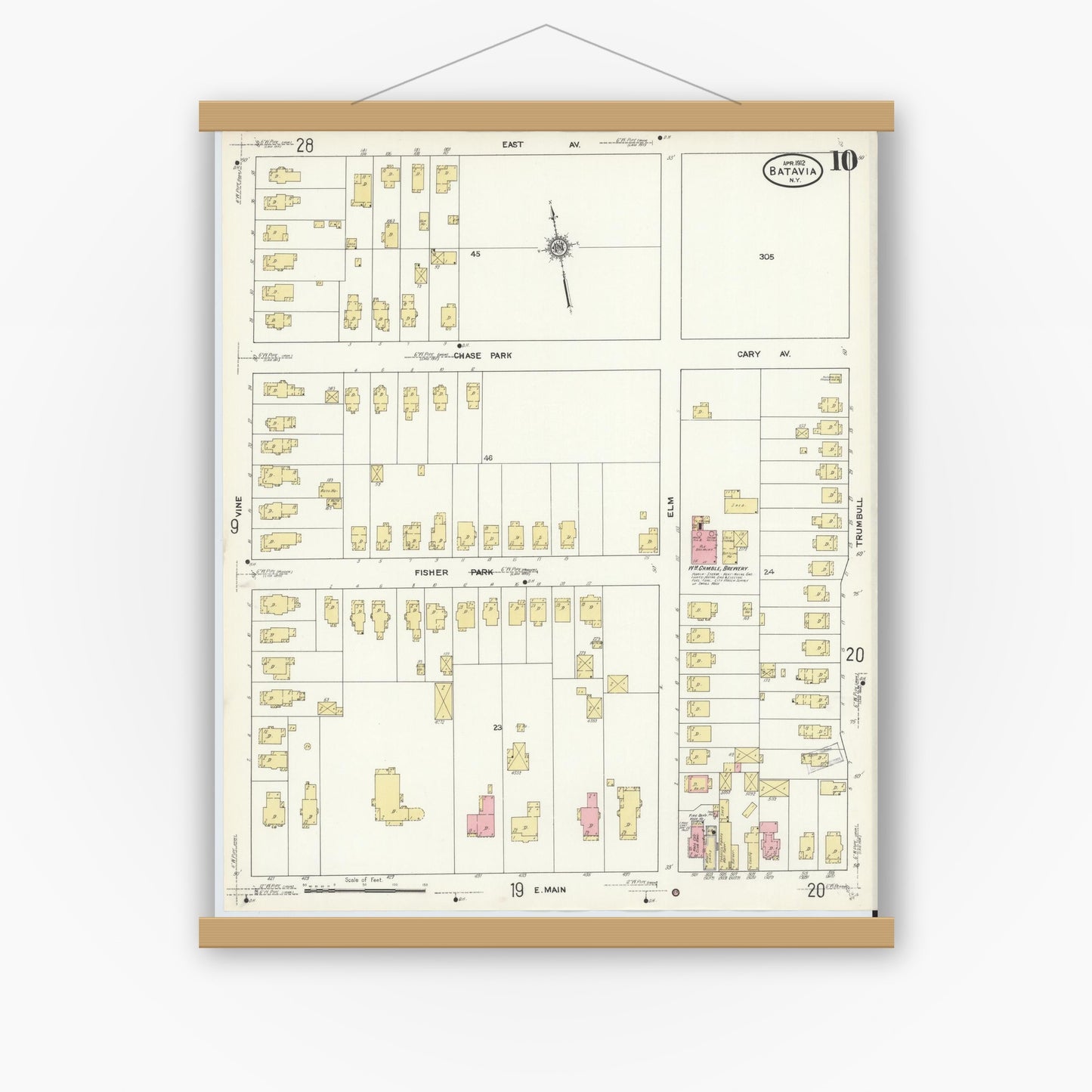 Old map wall art mockup — magnetic wood frame on white wall — Sanborn Fire Insurance Map from Batavia, Genesee County, New York (1912), Sheet #0010