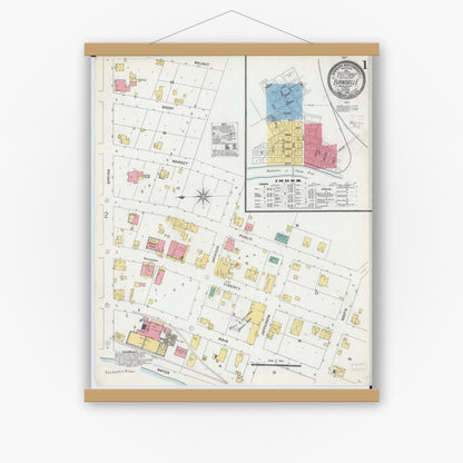 Old map wall art mockup — magnetic wood frame on white wall — Sanborn Fire Insurance Map from Evansville, Randolph County, Illinois (1906), Sheet #0001