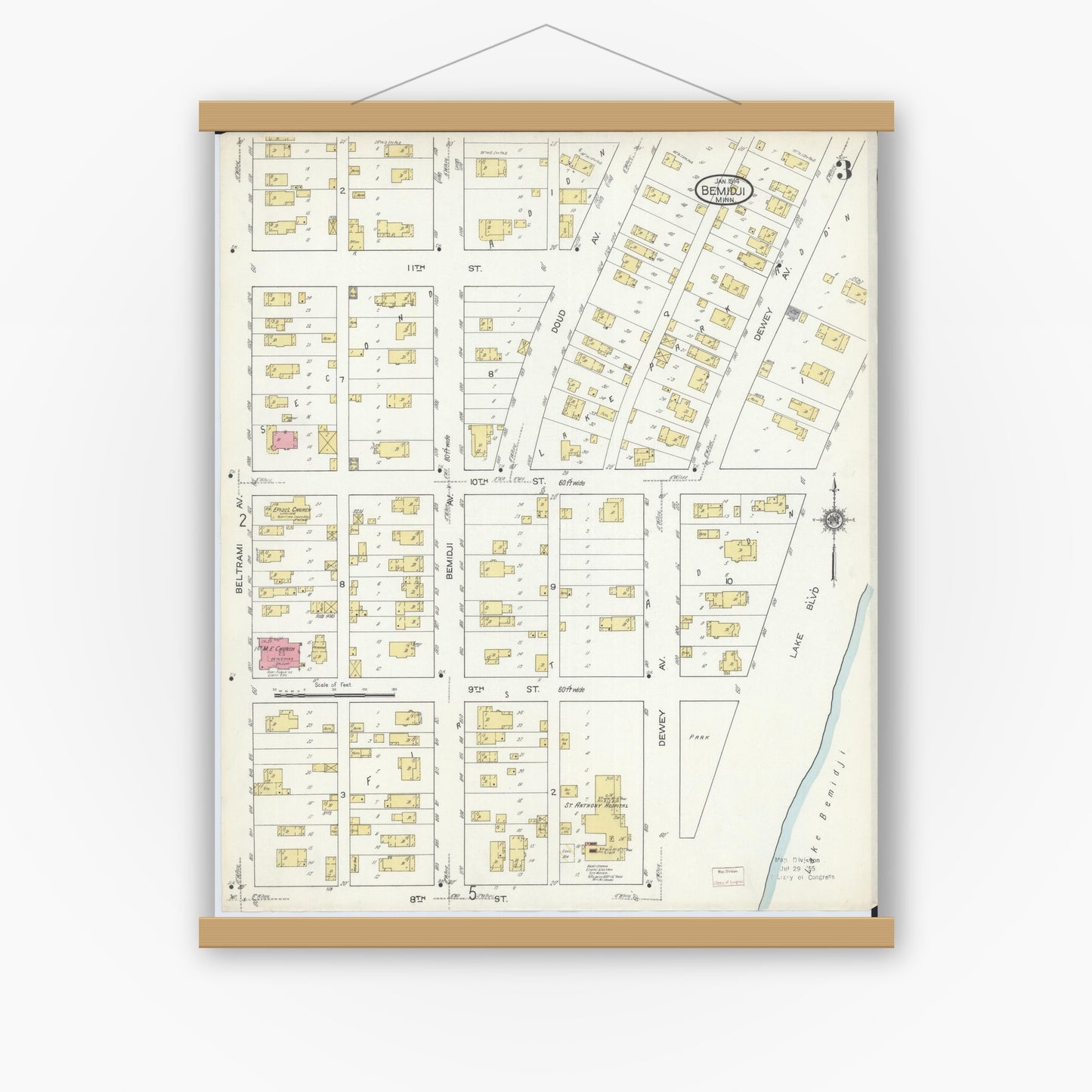 Old map wall art mockup — magnetic wood frame on white wall — Sanborn Fire Insurance Map from Bemidji, Beltrami County, Minnesota (1914), Sheet #0003