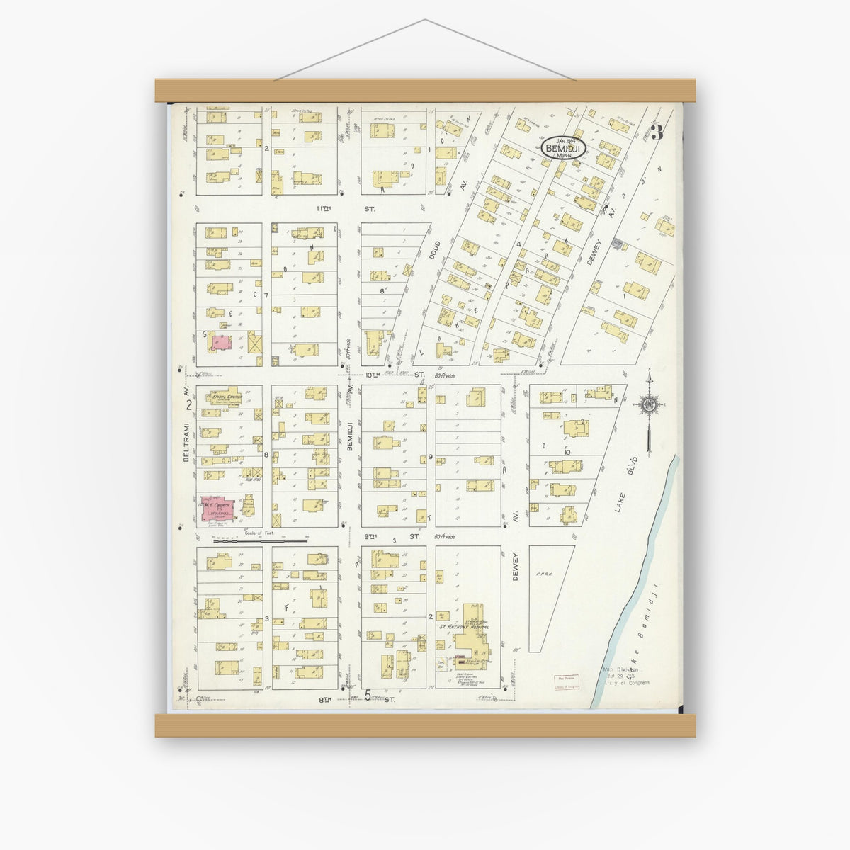 Old map wall art mockup — magnetic wood frame on white wall — Sanborn Fire Insurance Map from Bemidji, Beltrami County, Minnesota (1914), Sheet #0003