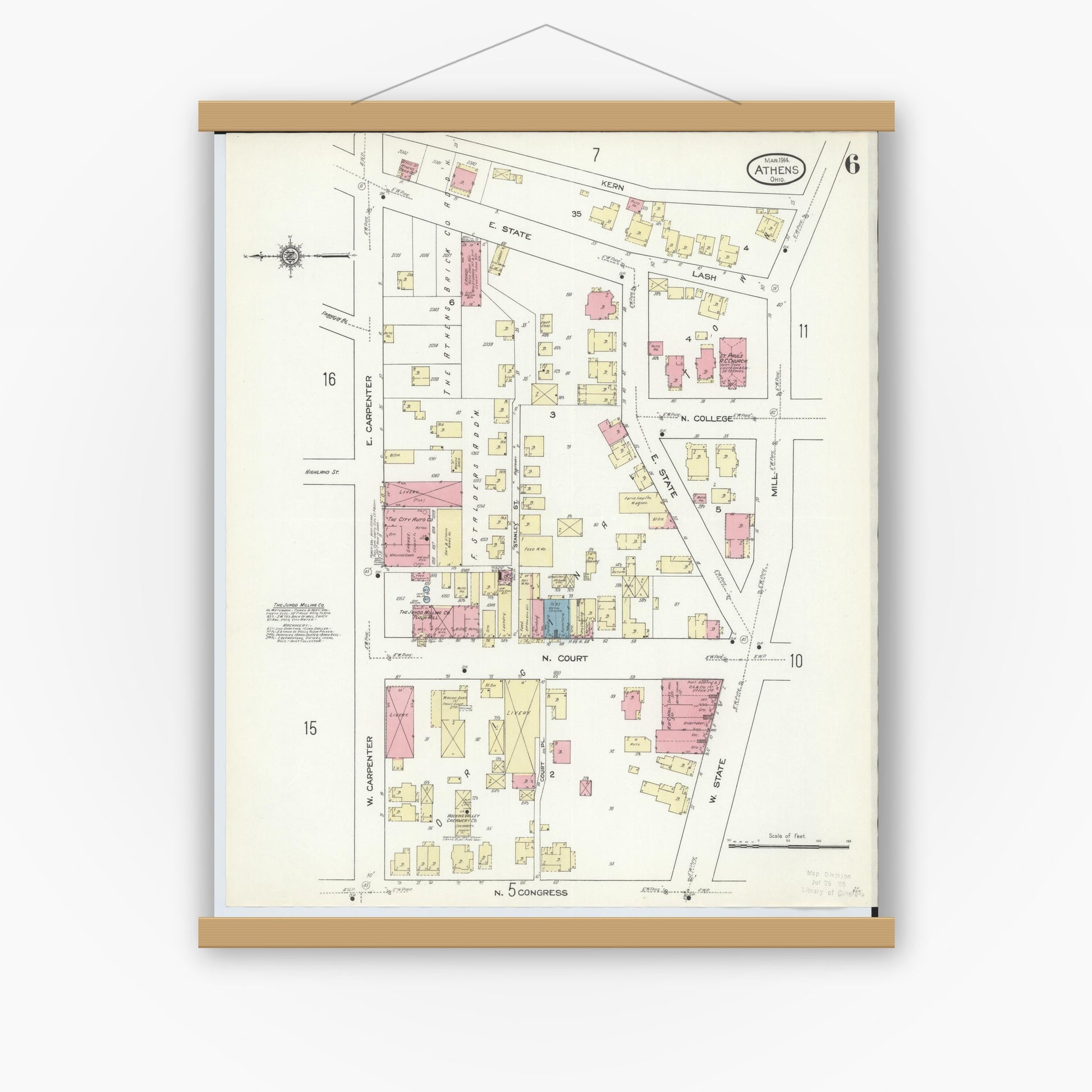 Old map wall art mockup — magnetic wood frame on white wall — Sanborn Fire Insurance Map from Athens, Athens County, Ohio (1914), Sheet #0006