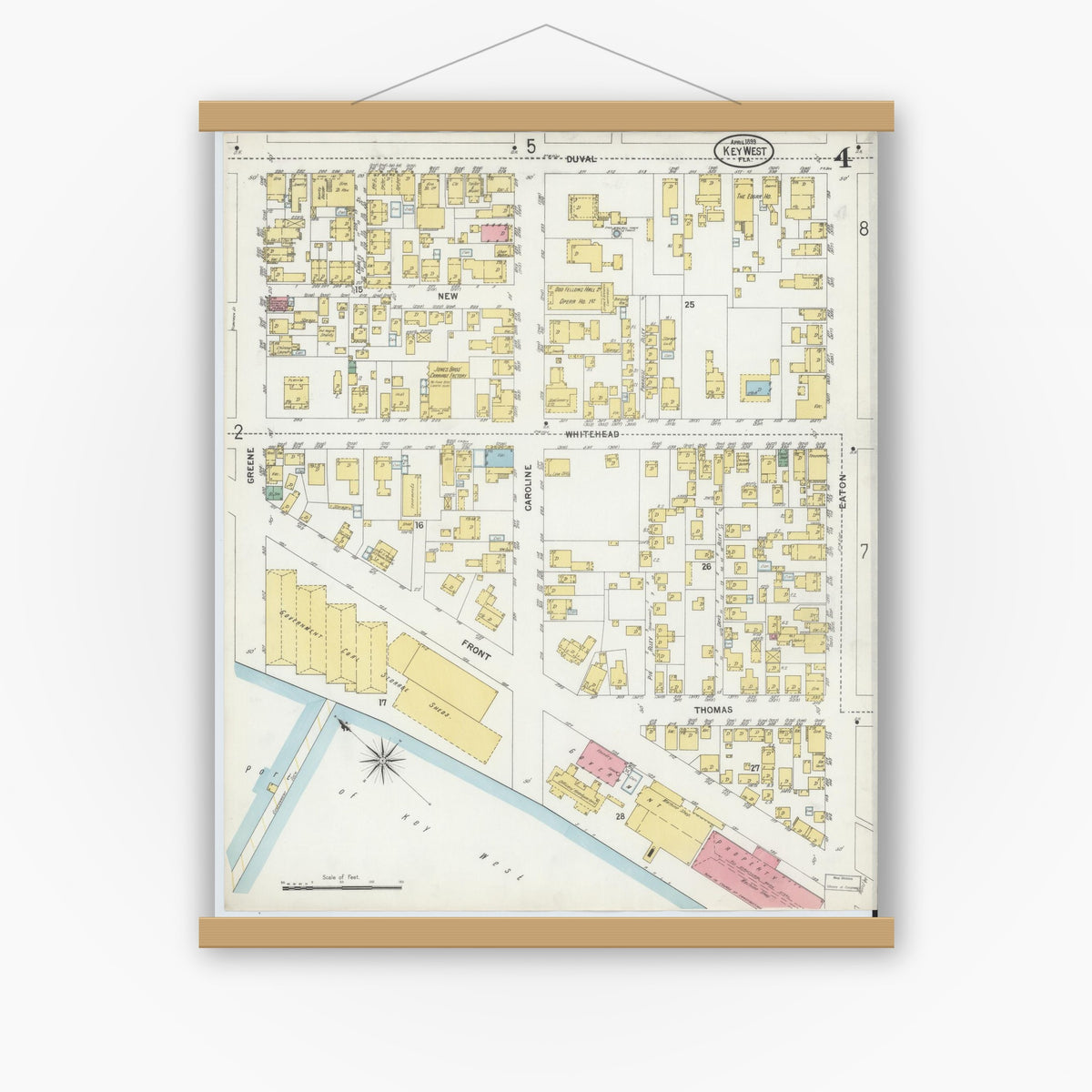 Old map wall art mockup — magnetic wood frame on white wall — Sanborn Fire Insurance Map from Key West, Monroe County, Florida (1899), Sheet #0004