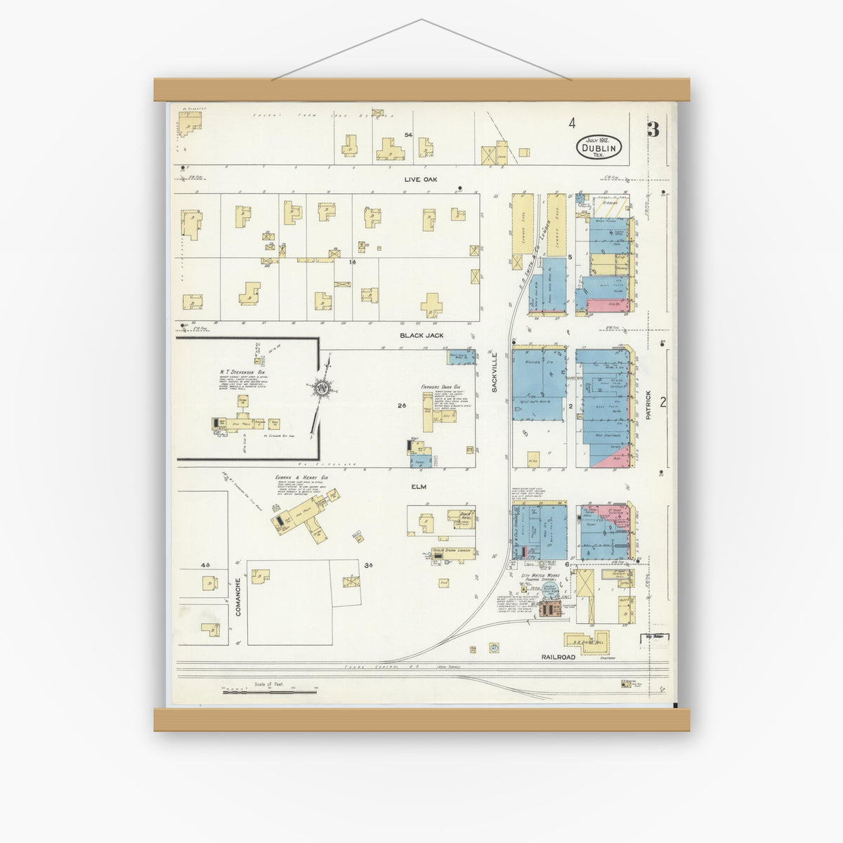 Old map wall art mockup — magnetic wood frame on white wall — Sanborn Fire Insurance Map from Dublin, Erath County, Texas (1912), Sheet #0003