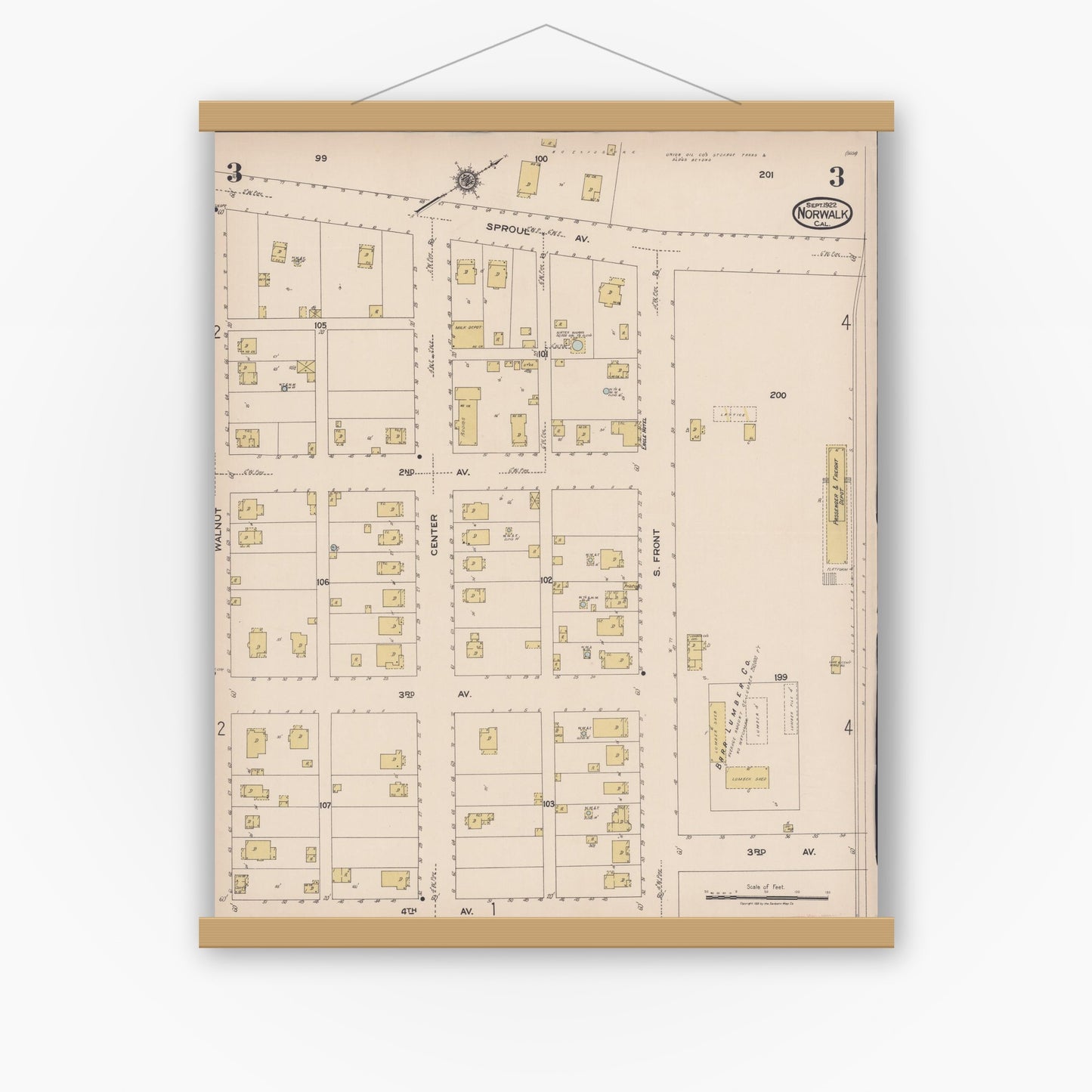 Old map wall art mockup — magnetic wood frame on white wall — Sanborn Fire Insurance Map from Norwalk, Los Angeles County, California (1922), Sheet #0003