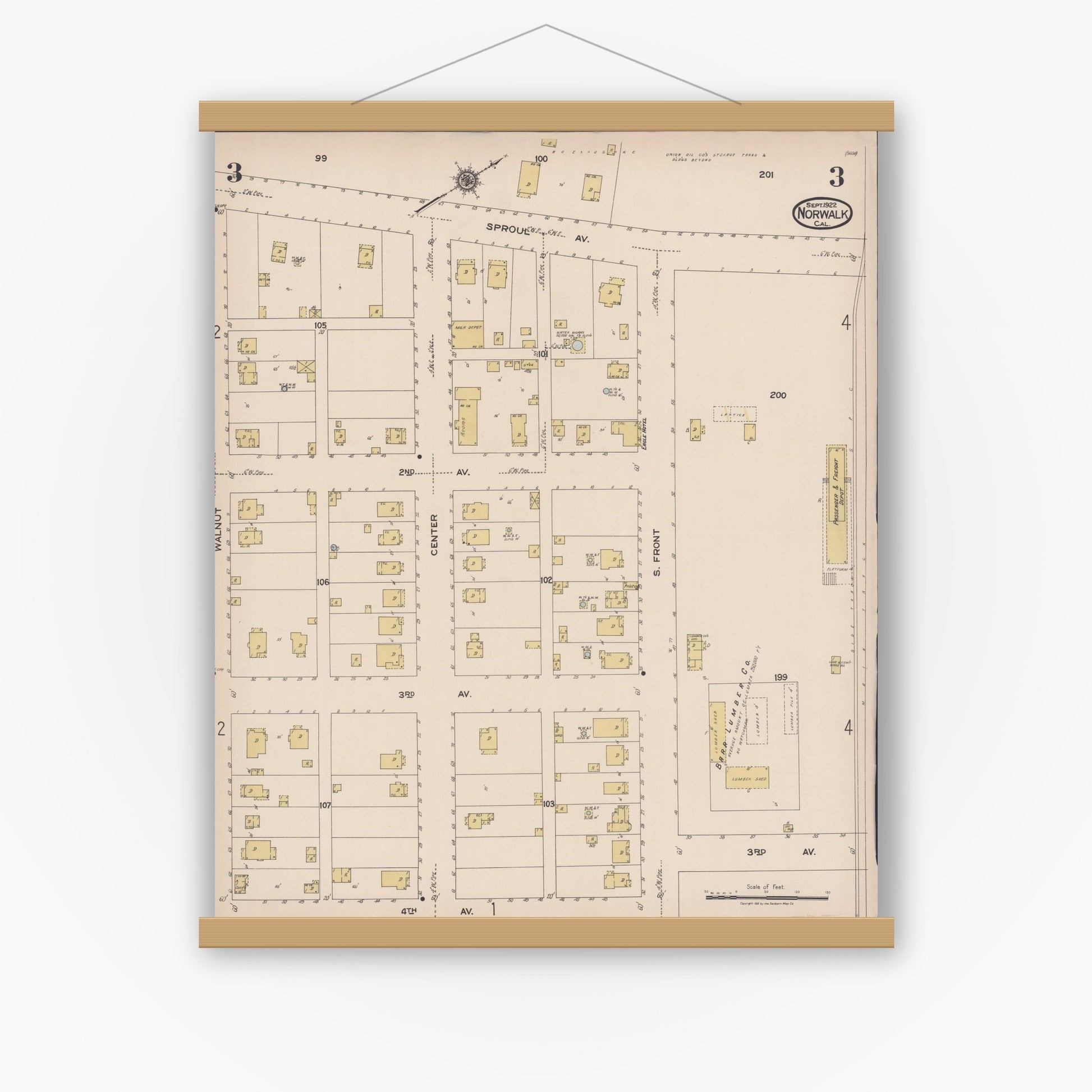 Old map wall art mockup — magnetic wood frame on white wall — Sanborn Fire Insurance Map from Norwalk, Los Angeles County, California (1922), Sheet #0003