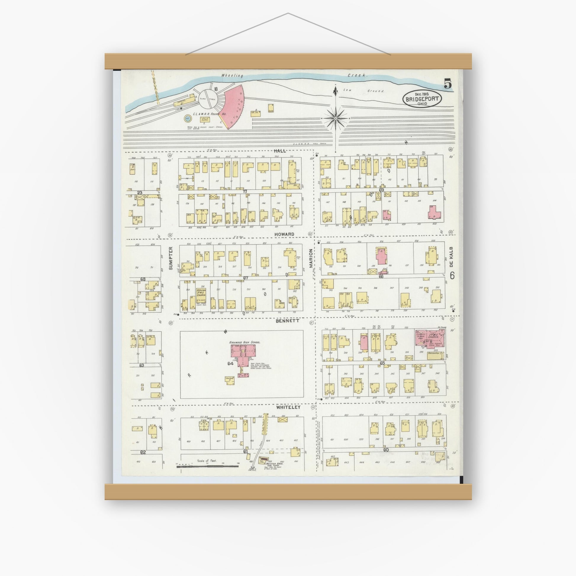 Old map wall art mockup — magnetic wood frame on white wall — Sanborn Fire Insurance Map from Bridgeport, Belmont County, Ohio (1903), Sheet #0005