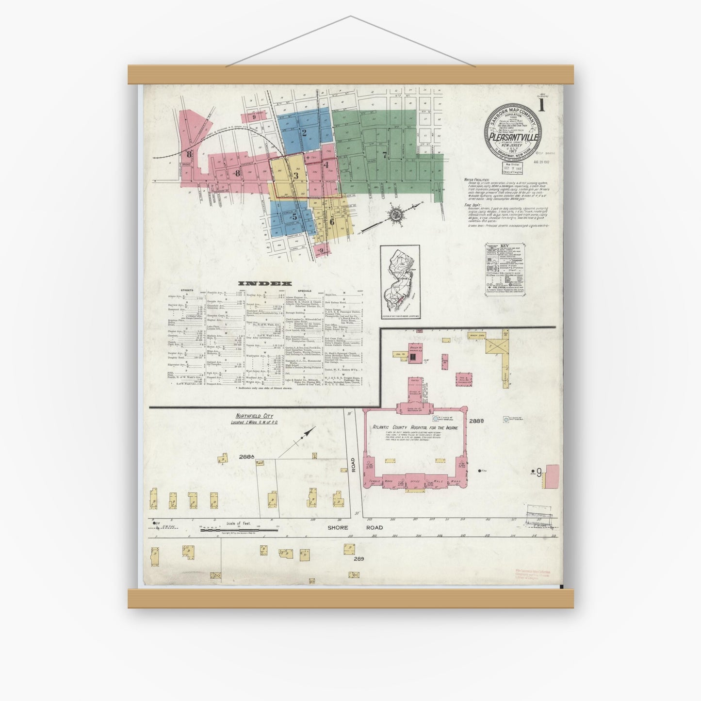 Old map wall art mockup — magnetic wood frame on white wall — Sanborn Fire Insurance Map from Pleasantville, Atlantic County, New Jersey (1917) - Complete Map Set