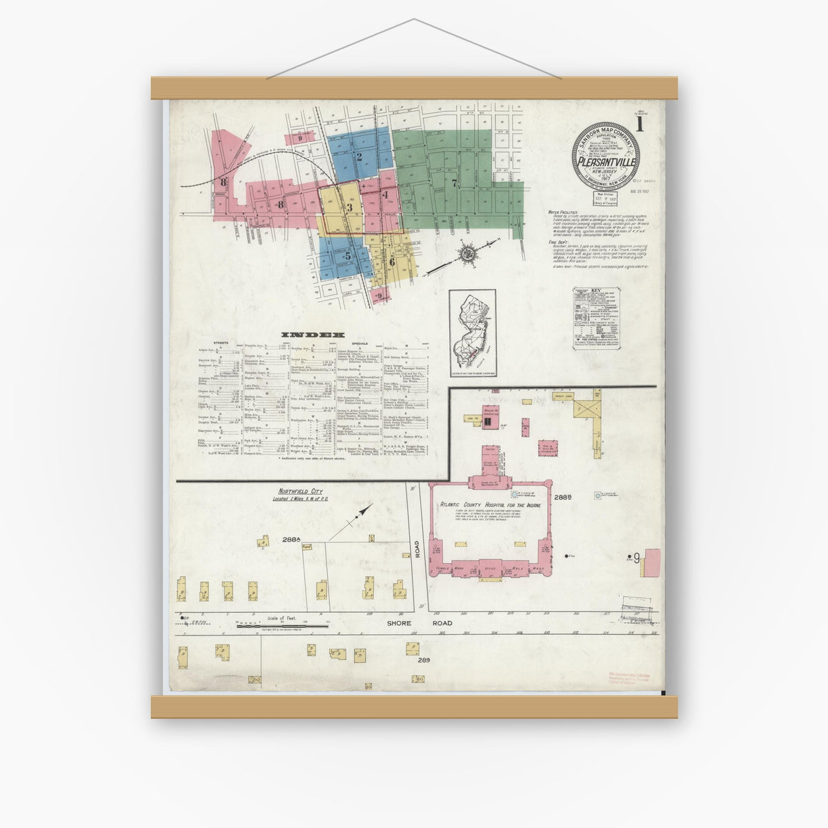 Old map wall art mockup — magnetic wood frame on white wall — Sanborn Fire Insurance Map from Pleasantville, Atlantic County, New Jersey (1917) - Complete Map Set
