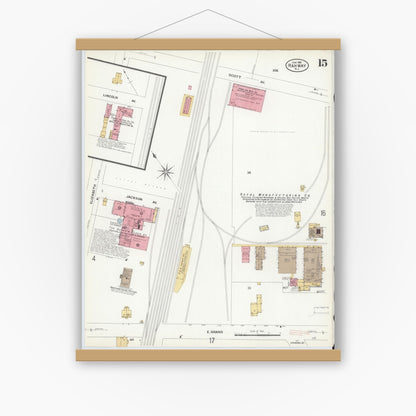 Old map wall art mockup — magnetic wood frame on white wall — Sanborn Fire Insurance Map from Rahway, Union County, New Jersey (1908), Sheet #0015
