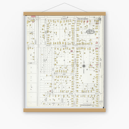 Old map wall art mockup — magnetic wood frame on white wall — Sanborn Fire Insurance Map from Charlotte, Eaton County, Michigan (1918), Sheet #0011