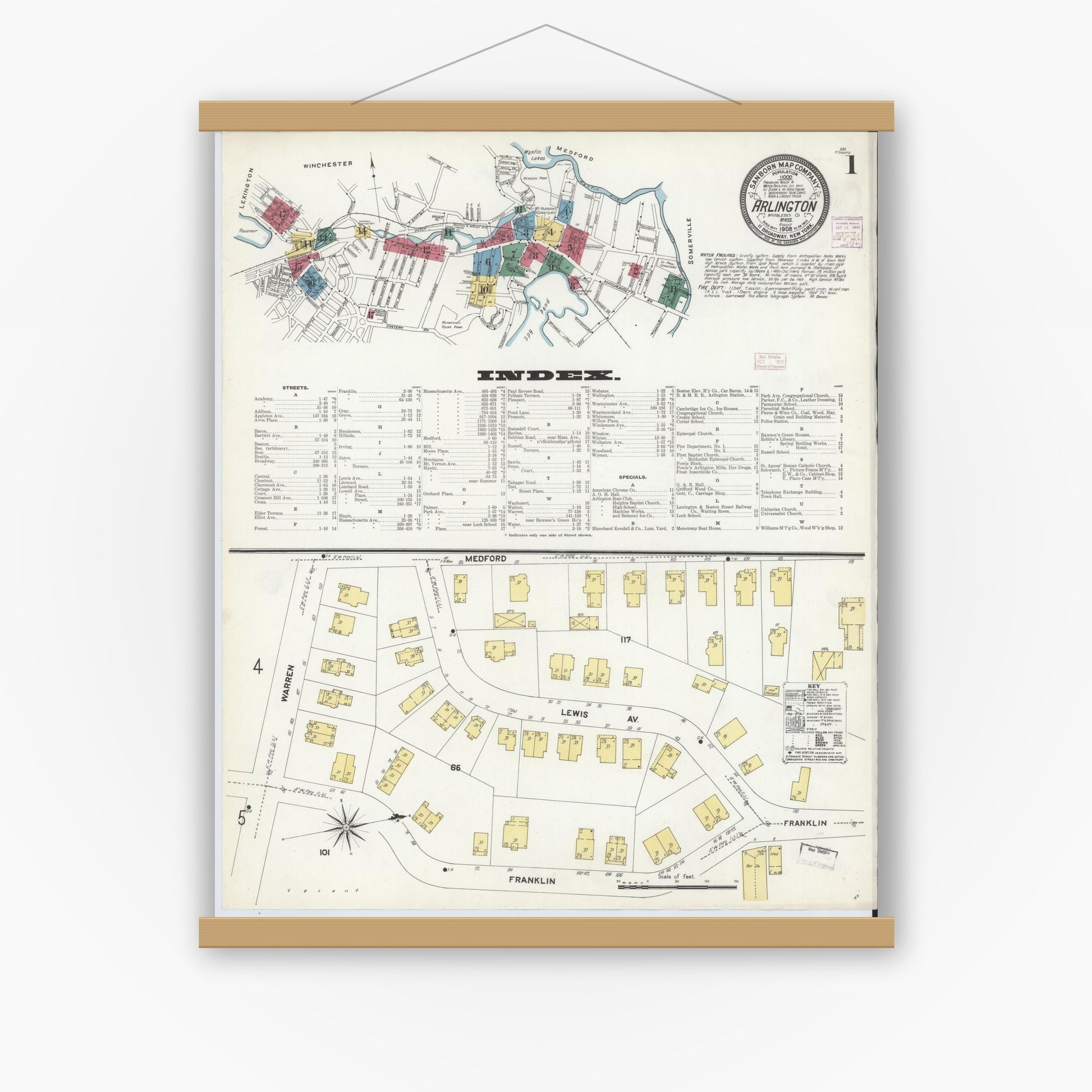 Old map wall art mockup — magnetic wood frame on white wall — Sanborn Fire Insurance Map from Arlington, Middlesex County, Massachusetts (1908) - Complete Map Set