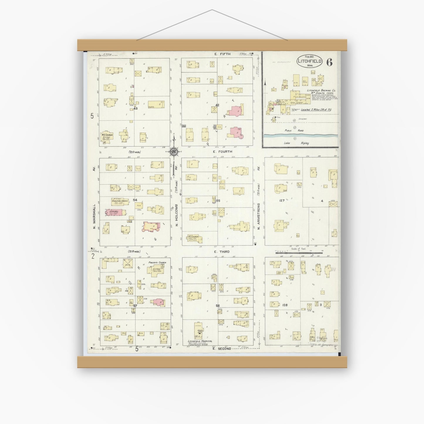 Old map wall art mockup — magnetic wood frame on white wall — Sanborn Fire Insurance Map from Litchfield, Meeker County, Minnesota (1913), Sheet #0006