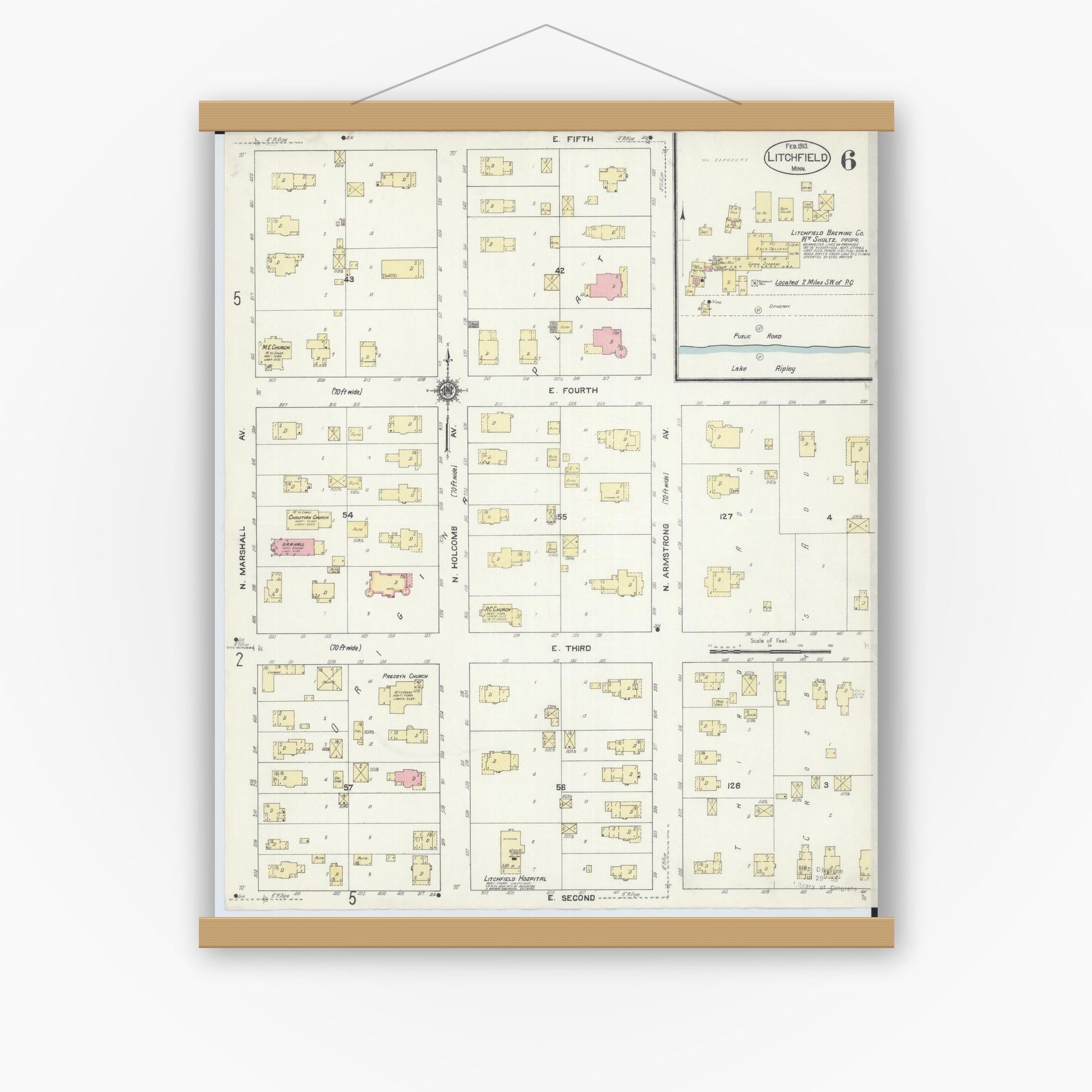 Old map wall art mockup — magnetic wood frame on white wall — Sanborn Fire Insurance Map from Litchfield, Meeker County, Minnesota (1913), Sheet #0006