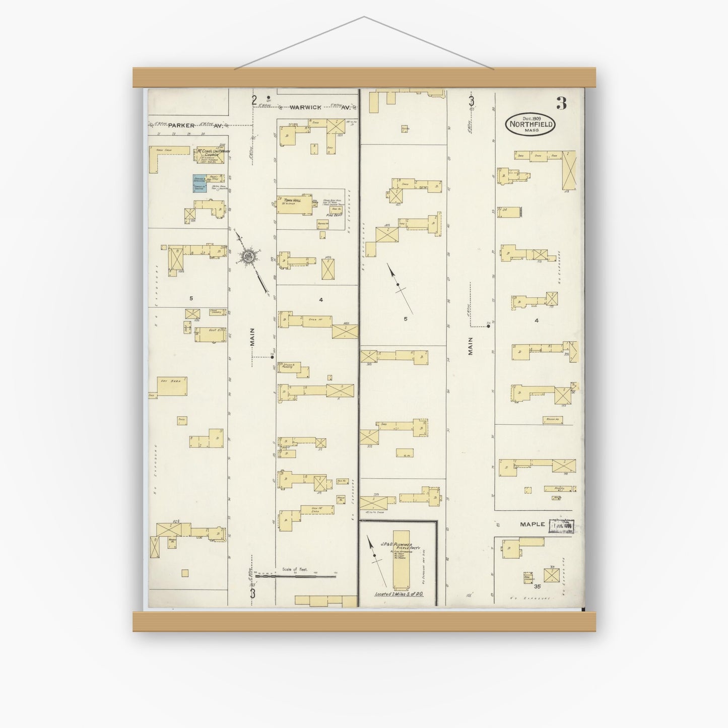 Old map wall art mockup — magnetic wood frame on white wall — Sanborn Fire Insurance Map from Northfield, Franklin County, Massachusetts (1909), Sheet #0003