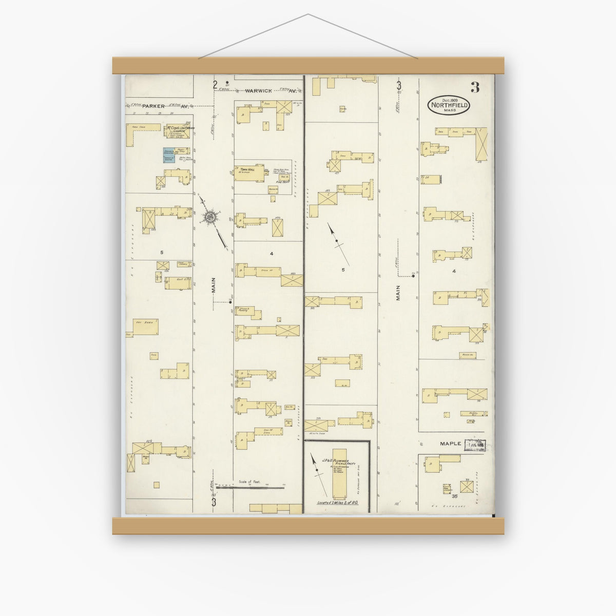 Old map wall art mockup — magnetic wood frame on white wall — Sanborn Fire Insurance Map from Northfield, Franklin County, Massachusetts (1909), Sheet #0003