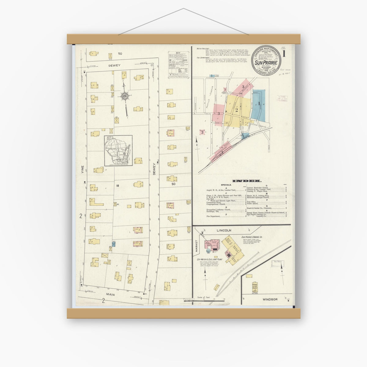 Old map wall art mockup — magnetic wood frame on white wall — Sanborn Fire Insurance Map from Sun Prairie, Dane County, Wisconsin (1912) - Complete Map Set