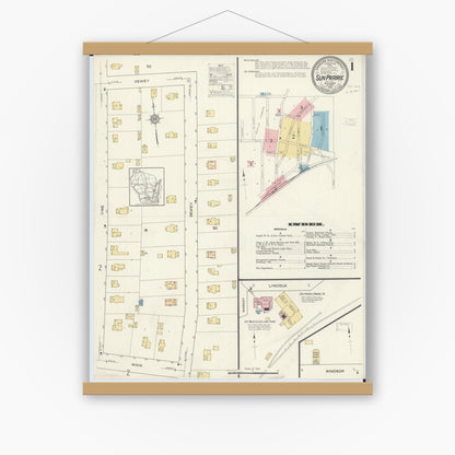 Old map wall art mockup — magnetic wood frame on white wall — Sanborn Fire Insurance Map from Sun Prairie, Dane County, Wisconsin (1912) - Complete Map Set