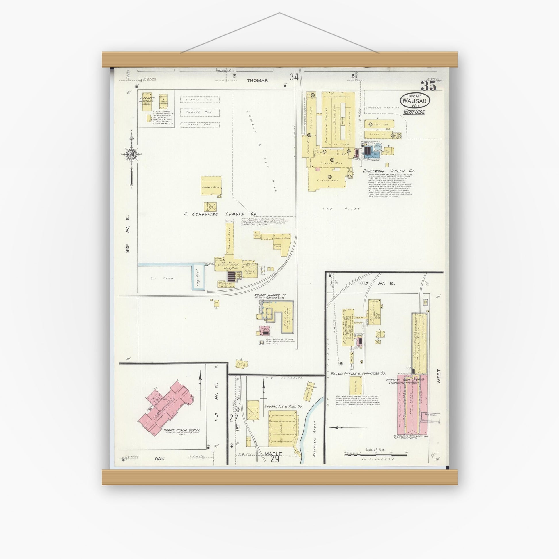 Old map wall art mockup — magnetic wood frame on white wall — Sanborn Fire Insurance Map from Wausau, Marathon County, Wisconsin (1912), Sheet #0035