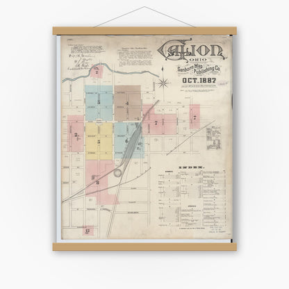 Old map wall art mockup — magnetic wood frame on white wall — Sanborn Fire Insurance Map from Galion, Crawford County, Ohio (1887) - Complete Map Set
