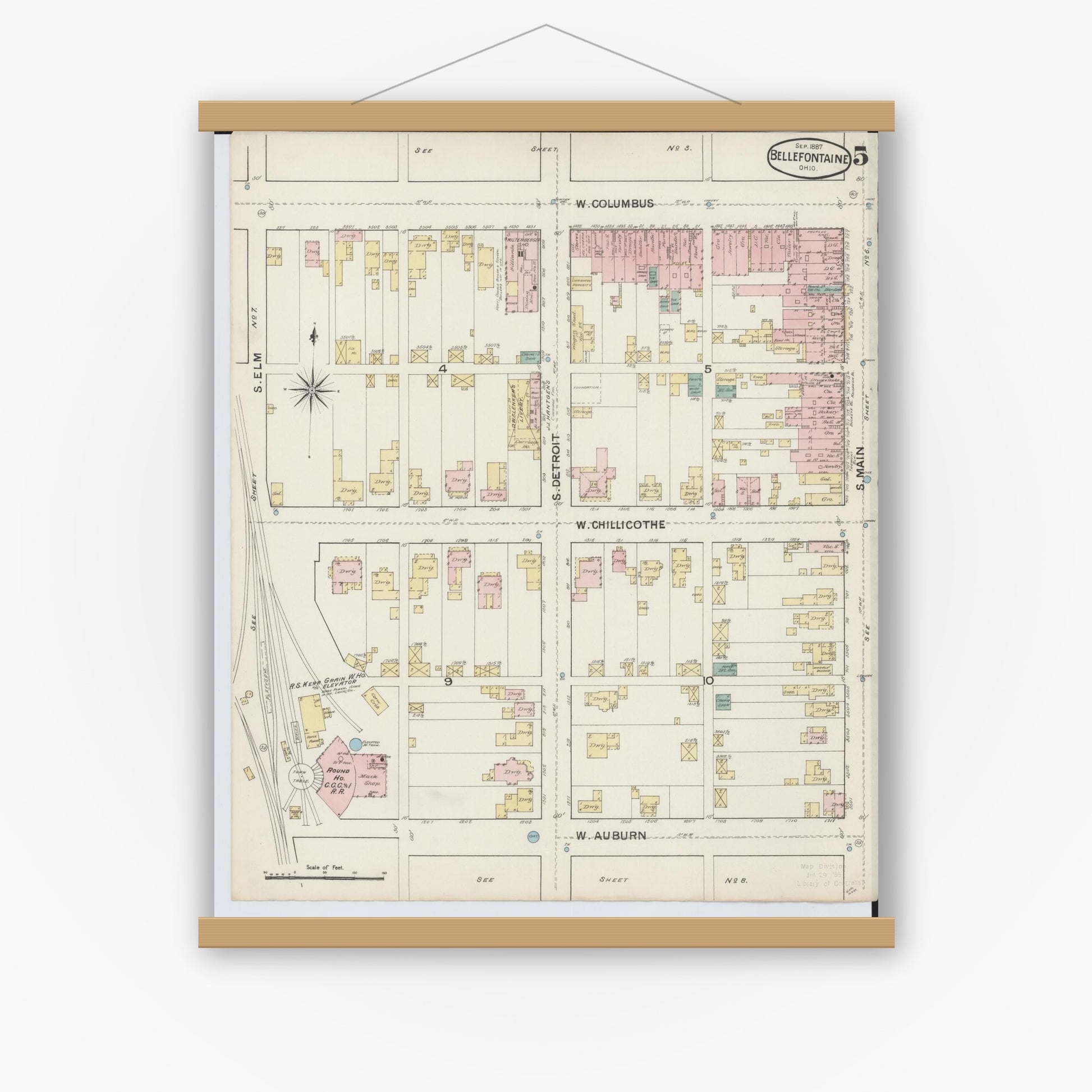Old map wall art mockup — magnetic wood frame on white wall — Sanborn Fire Insurance Map from Bellefontaine, Logan County, Ohio (1887), Sheet #0005