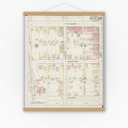 Old map wall art mockup — magnetic wood frame on white wall — Sanborn Fire Insurance Map from Bellefontaine, Logan County, Ohio (1887), Sheet #0005